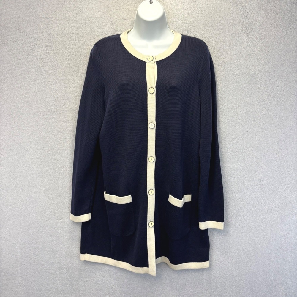 Talbots Longline Cardigan Sweater Petite Large PL Navy Blue Cream Button Up
